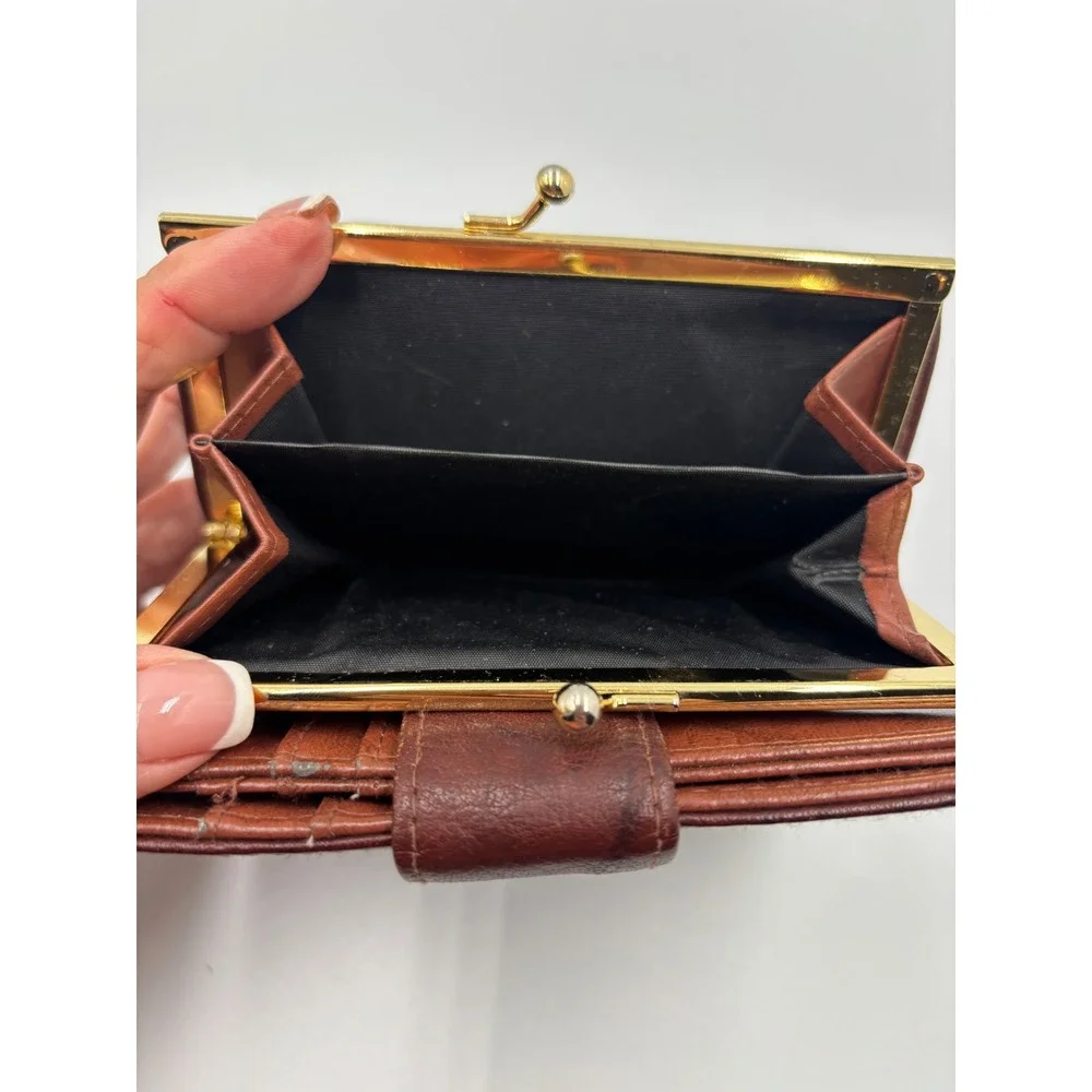 Buxton Brown Genuine Leather Bifold Wallet Kiss Lock Coin Purse Vintage Style‎